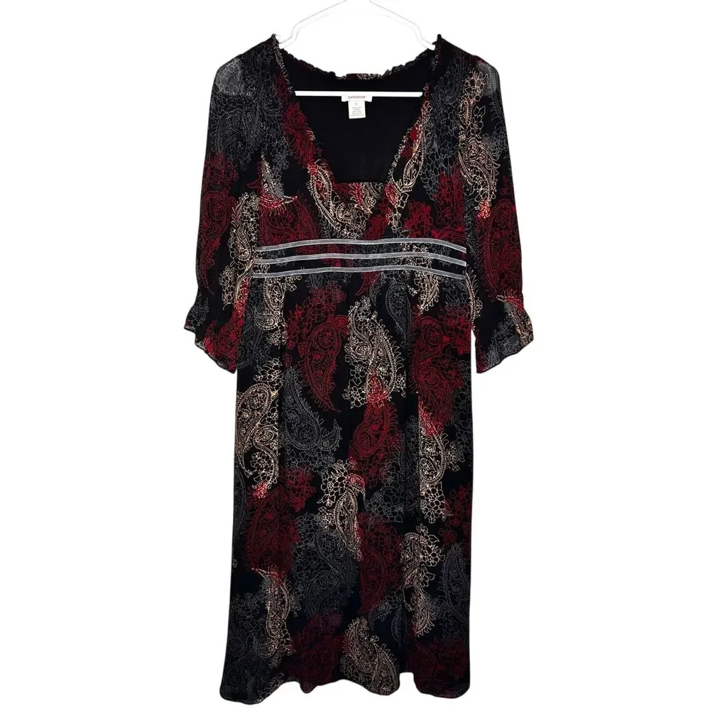 Sundance Black Paisley Print Silk Midi Dress w/ Velvet Ribbon Waistband 2 - Picture 1 of 4